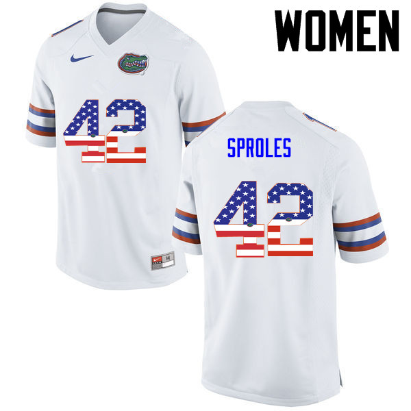 Women Florida Gators #42 Nick Sproles College Football USA Flag Fashion Jerseys-White